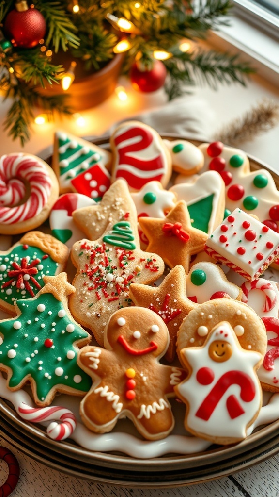 Festive Christmas Cookies for Gifting A festive assortment of Christmas cookies on a platter, including decorated sugar cookies and gingerbread men, set in a holiday-themed background.